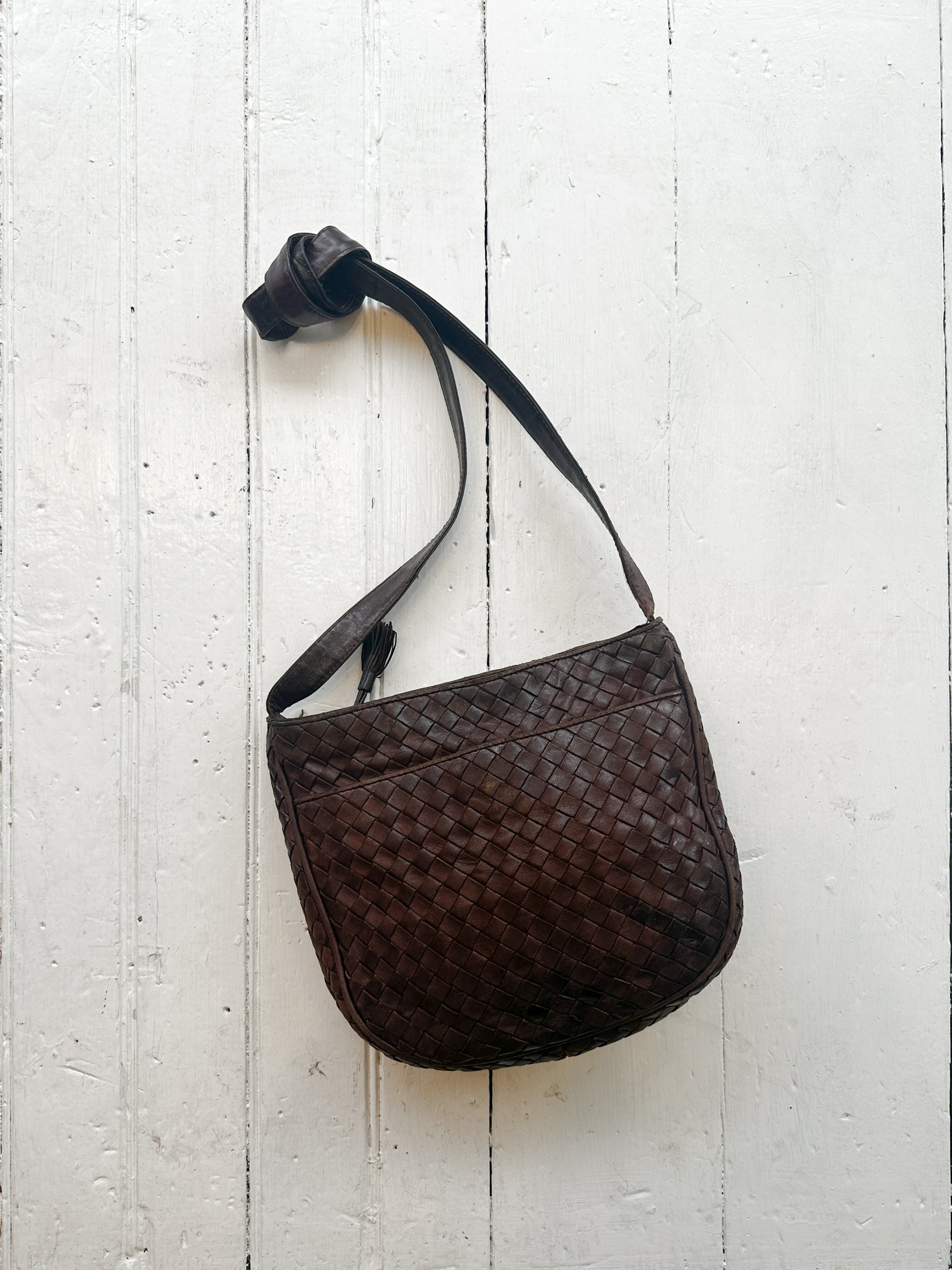 1980s Bottega Veneta Chocolate Brown Intrecciato Leather Shoulder